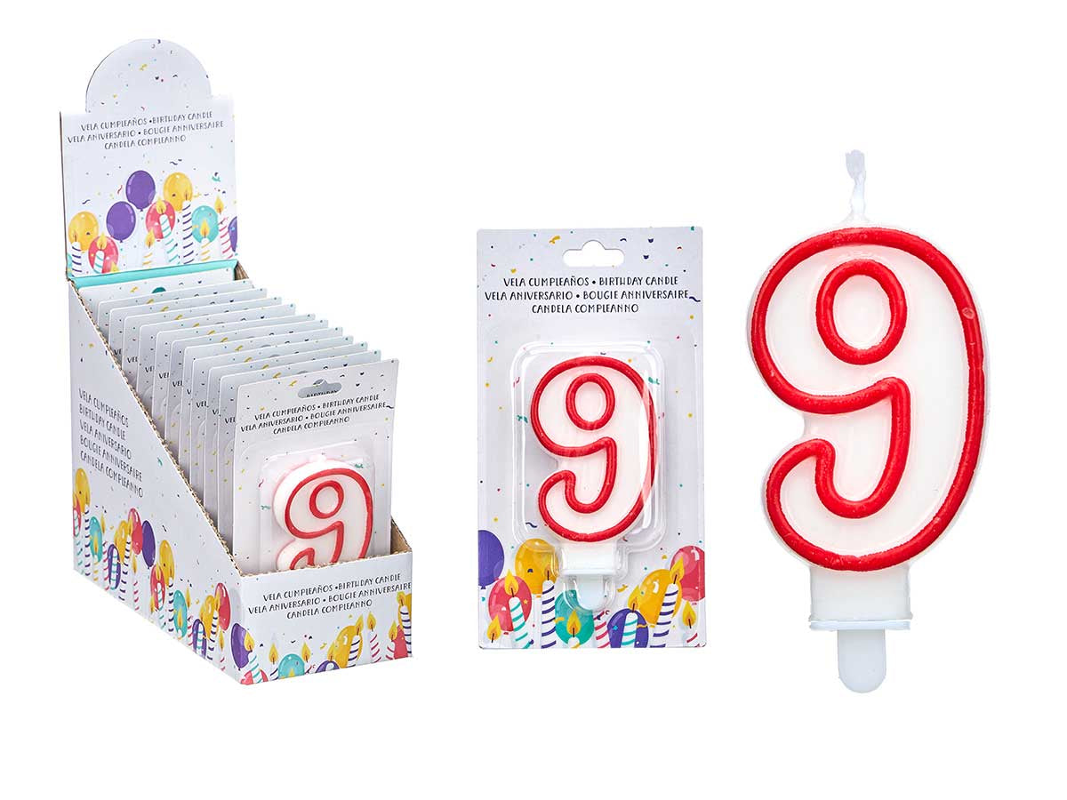 Vela Cumpleaños Num 9 Blanca Borde Rojo