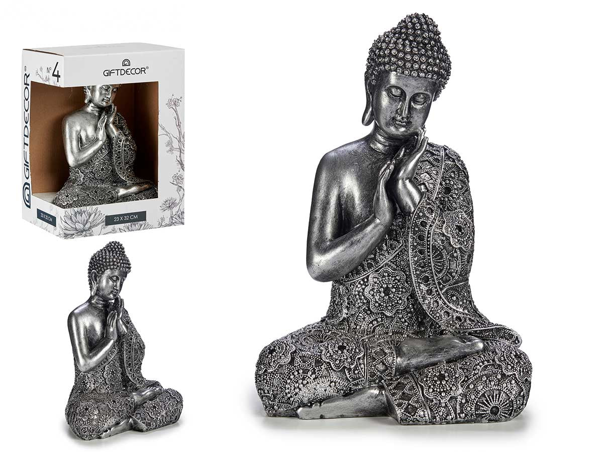 Kinvara Buda Sentado Manos Resina Plata 30 cm