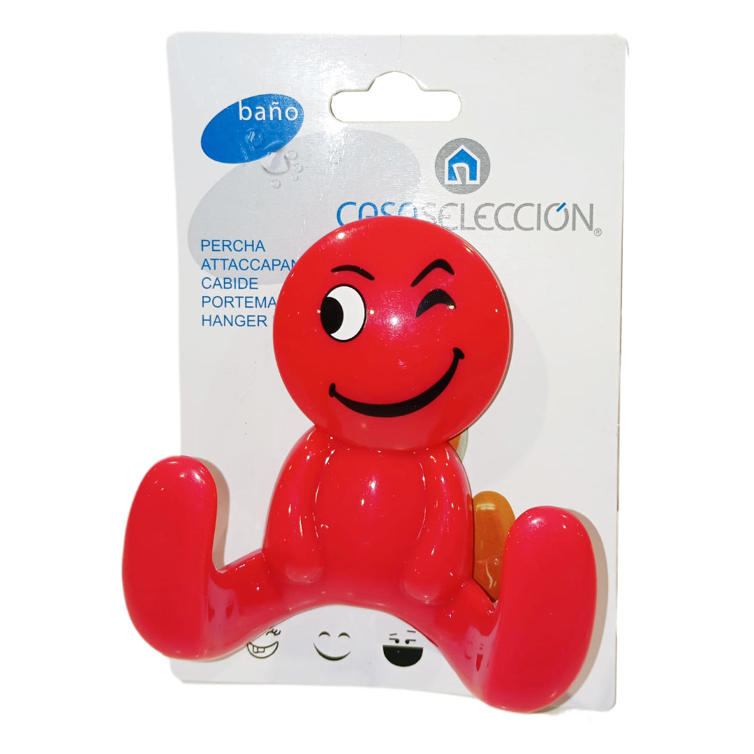 Percha de Plástico Enganche con Ventosa Cara Sonriente Color Rojo