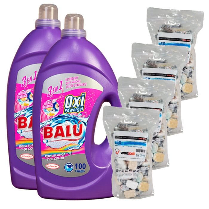 DETERGENTE 200 LAVADOS OXI POWERGEL + PASTILLAS LAVAVAJILLAS TODO EN U
