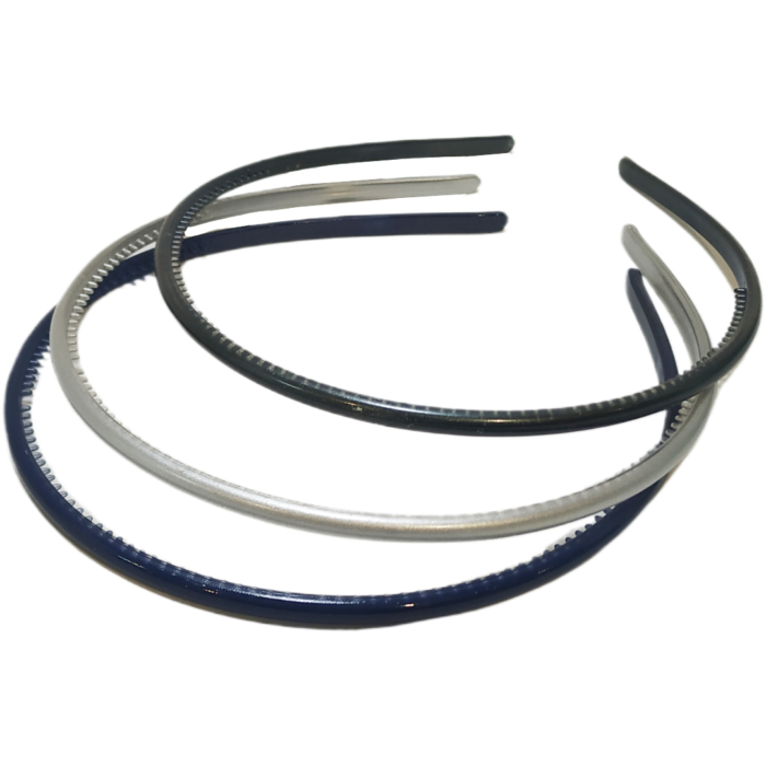 Diademas plastico pack de 3ud. Colores gris y azul metalizado. Parsa