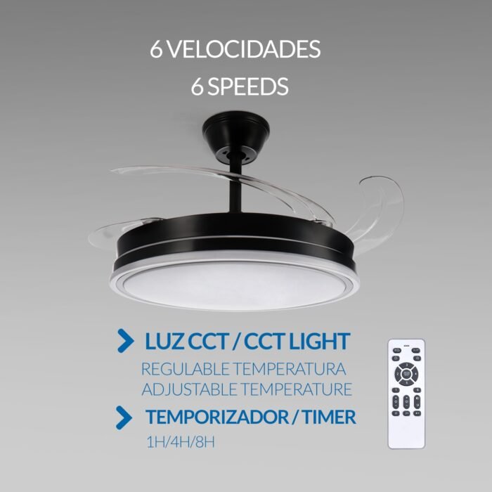 Ventilador de Techo LED 66W NEGRO Silencioso con palas retractil - Imagen 6