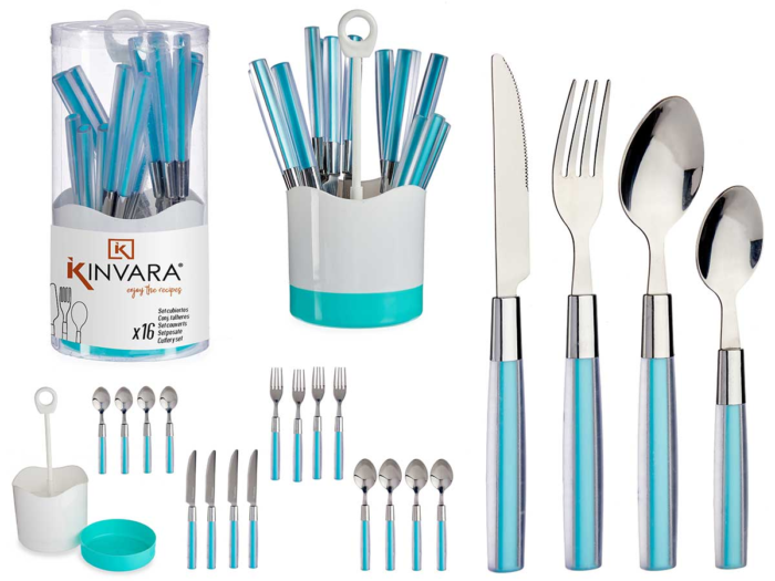 Kinvara set 16 cubiertos acero inoxidable mango plastico azul