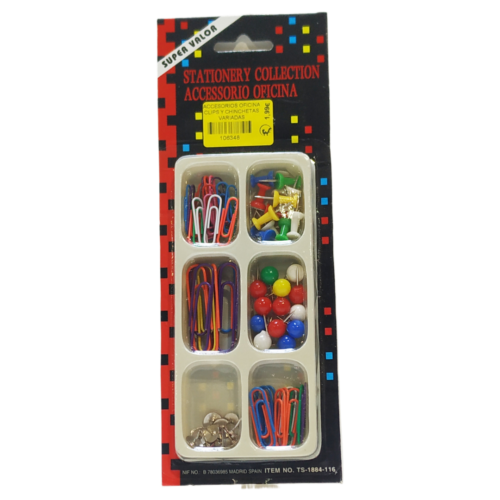 Set accesorios oficina, clips y chinchetas varios tamaños y formas