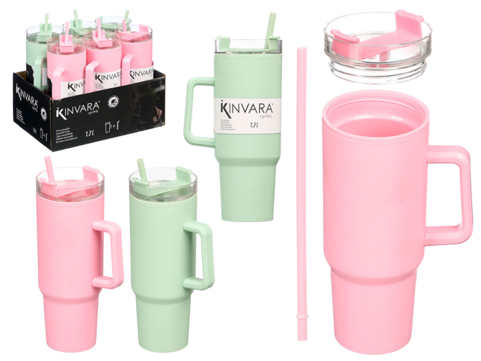 Taza alta con asa y pajita 1200ml color rosa o menta